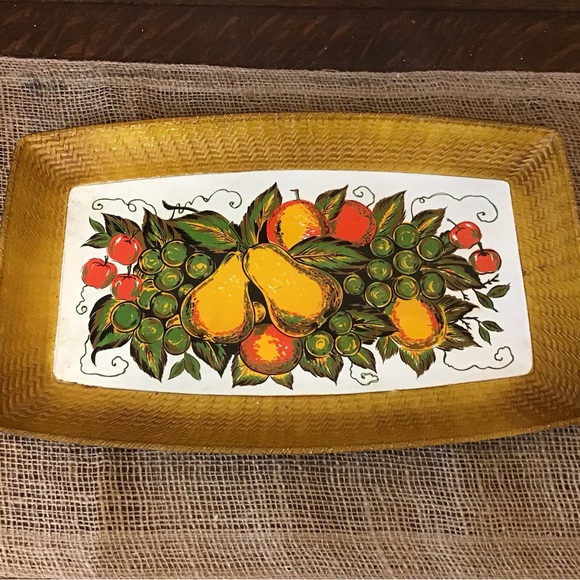 Vintage Japanese lacquered serving tray with faux rattan edges and fruit design - Picture 3 of 7
